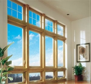 Large floor-to-ceiling wood windows with sturdy wooden frames let in bright sunlight, showing a blue sky with clouds. Two potted plants and a framed picture decorate the room, which has light walls and a wooden floor.