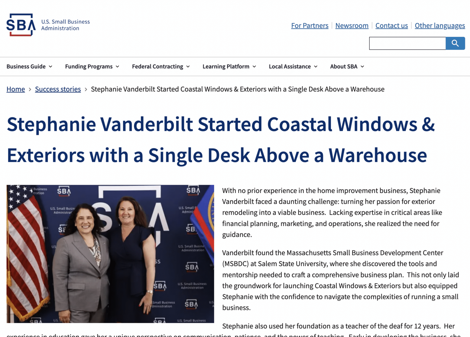 Screenshot of a U.S. Small Business Administration webpage featuring two women in front of an SBA backdrop, with a headline about Stephanie Vanderbilt starting Coastal Windows & Exteriors, featured as a small business association success story.