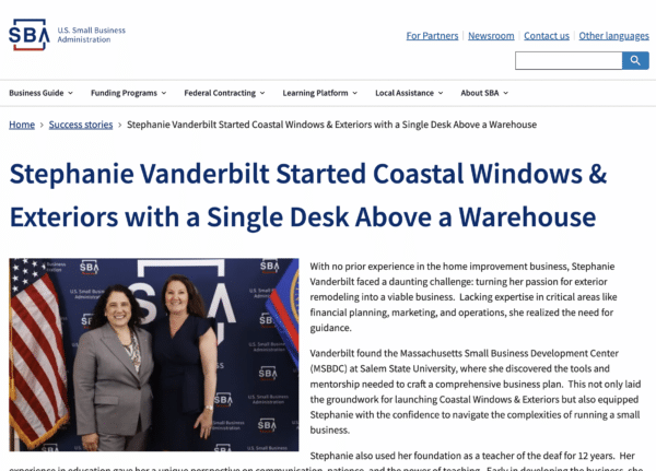 Screenshot of a U.S. Small Business Administration webpage featuring two women in front of an SBA backdrop, with a headline about Stephanie Vanderbilt starting Coastal Windows & Exteriors, featured as a small business association success story.