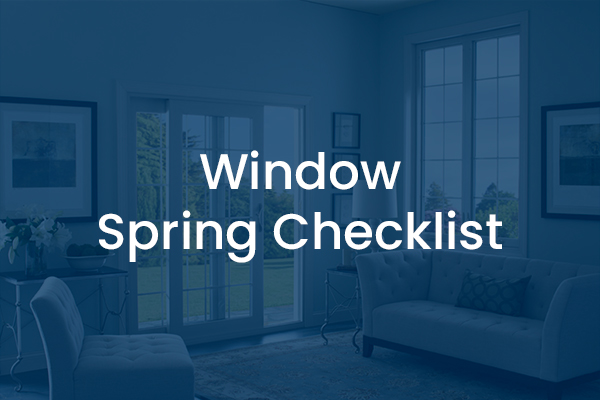 A living room with large windows and glass doors, modern furniture, and framed artwork. The text Window Spring Checklist Guides is centered over the image, perfect for a landing page focused on seasonal home tips.