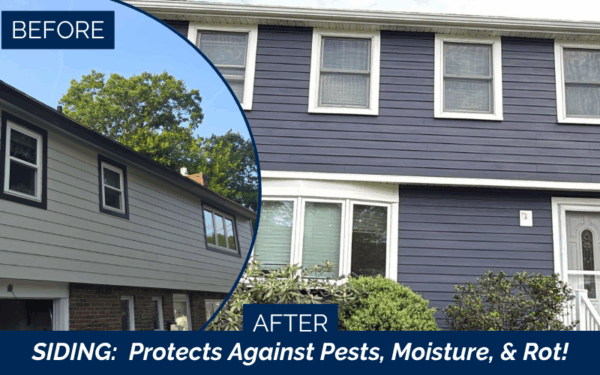 James Hardie 6¼″ cedarmill plank siding in Deep Ocean with Cedar Renditions Amberwood accent and GAF charcoal shingles installed in Holliston, MA by Coastal Windows & Exteriors.