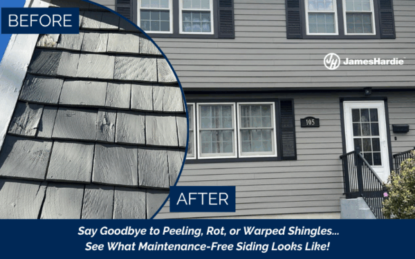 Coastal home in Weymouth, MA transformed with James Hardie 6¼″ cedarmill plank siding in Aged Pewter, accented by Midnight Black trim—installed by Coastal Windows & Exteriors for durable coastal protection.