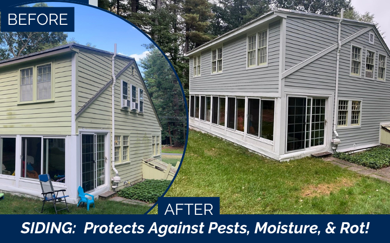 Coastal home in Georgetown, MA transformed with James Hardie 6¼" cedarmill plank siding and 16" board & batten in Light Mist by Coastal Windows & Exteriors.