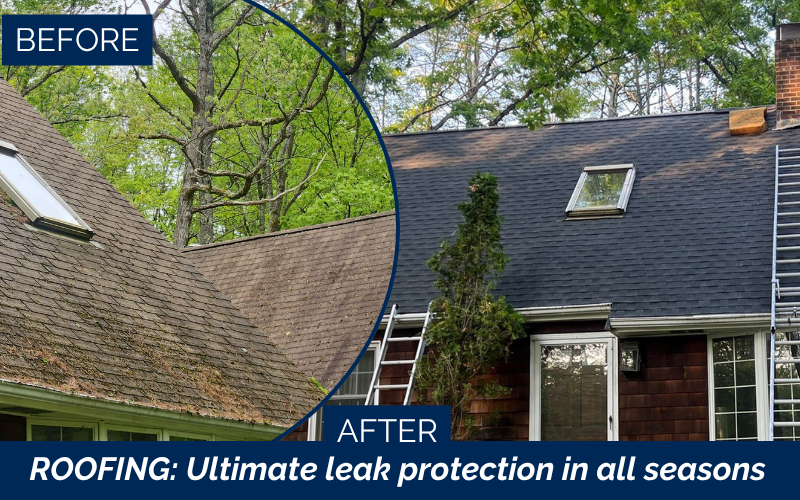 Asphalt roof replacement in charcoal before and after in Gilmanton NH, Lakes Region, Belknap County