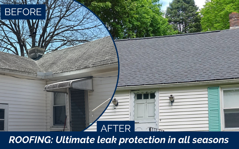 Roofing contractor in Sterling, MA by Coastal Windows & Exteriors replacing aged shingles with GAF roofing system for improved protection and aesthetics.