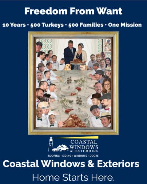 Coastal Windows & Exteriors team composite celebrating 10 years serving 500 families with Thanksgiving turkey donations across Massachusetts, New Hampshire, and Maine