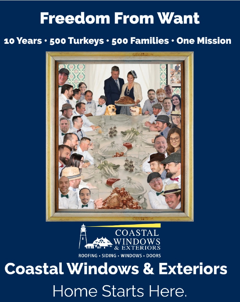 Coastal Windows & Exteriors team composite celebrating 10 years serving 500 families with Thanksgiving turkey donations across Massachusetts, New Hampshire, and Maine