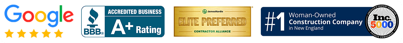 Google 5-star reviews, BBB A+ rating, James Hardie Elite Preferred Contractor, #1 Woman-Owned Construction Company in New England, and Inc. 5000 award badges for Coastal Windows & Exteriors