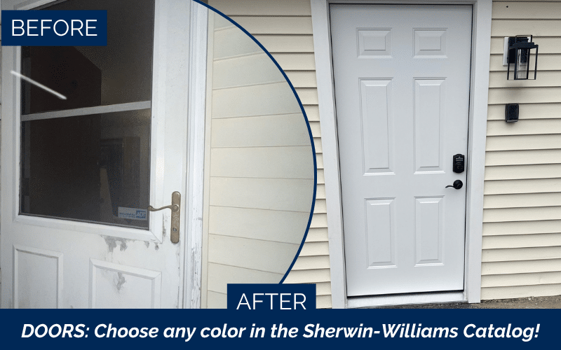 Before and after entry door replacement during an Exterior remodeling sale in Beverly MA.