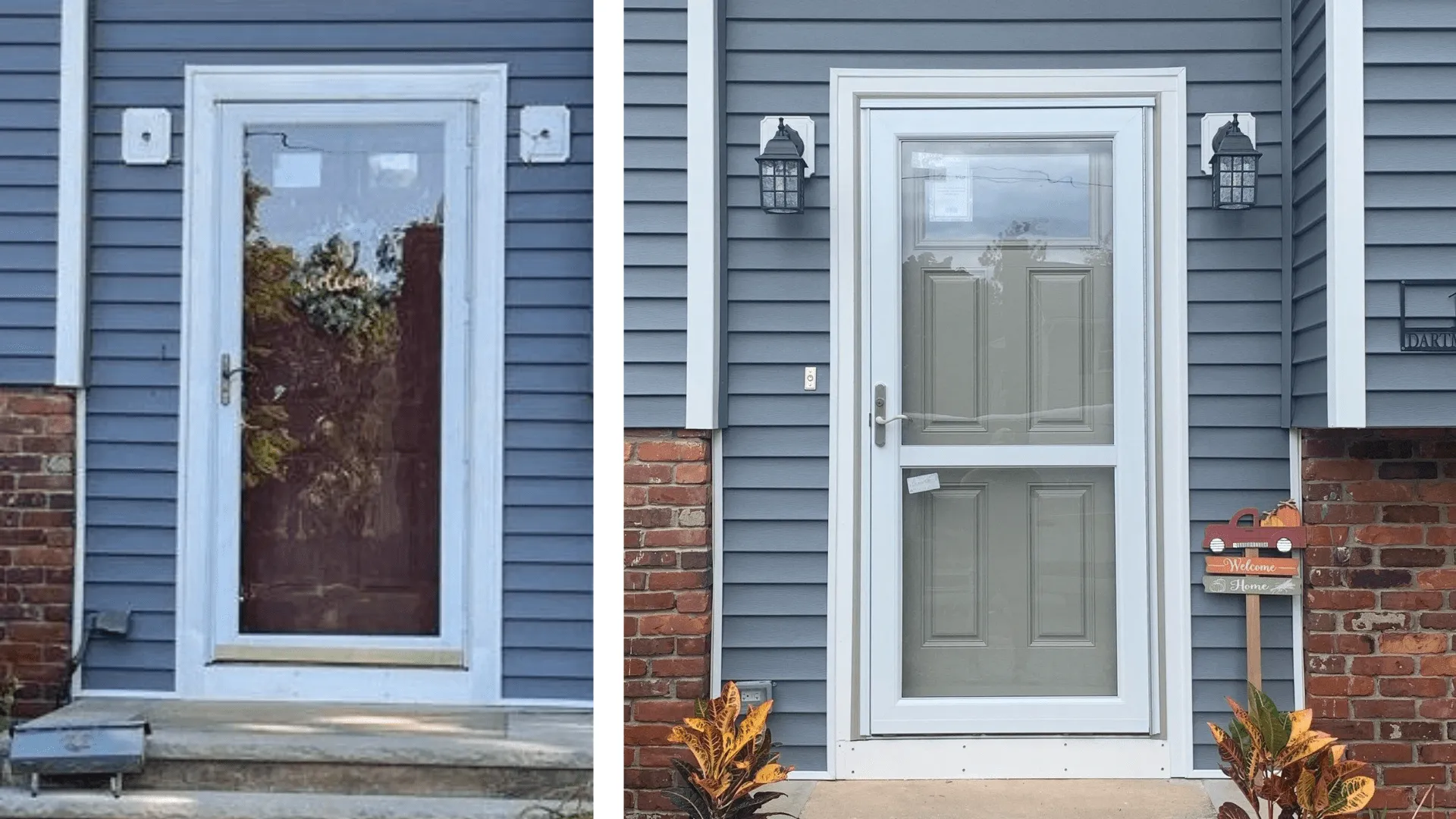 The side-by-side comparison shows a drafty, outdated entry door replaced with a modern fiberglass door system. Entry door replacements are among the most popular high-roi exterior upgrades for improving energy efficiency and first impressions.
