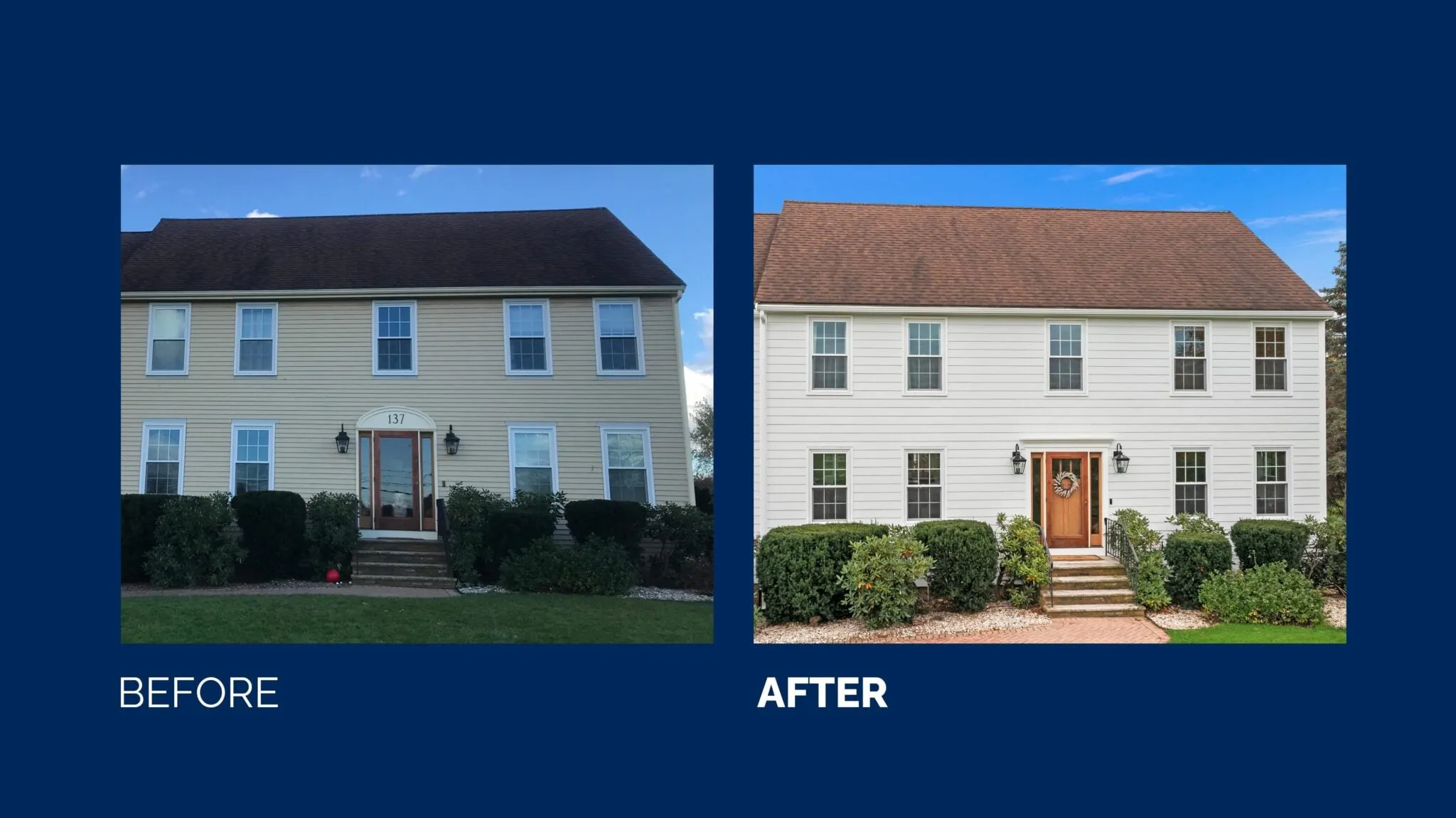 A dramatic before-and-after comparison highlights a complete exterior transformation with updated siding and architectural details. Projects like this demonstrate how high-roi exterior upgrades can dramatically increase curb appeal.