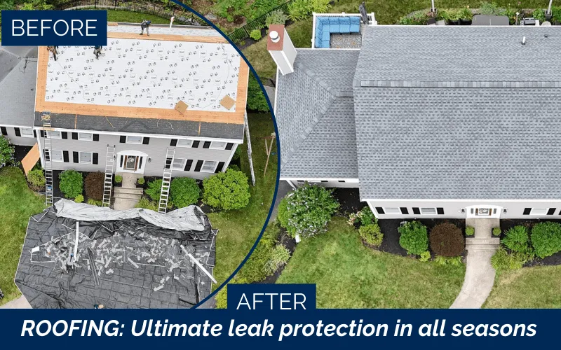An aerial view showcases a newly installed asphalt shingle roof on a North Shore home in Beverly, MA. Roofing projects like this are considered high-roi exterior upgrades because they improve protection, curb appeal, and resale value.