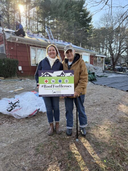 roofing in new hampshire project in Concord NH showing Roof for Heroes recipient and team during roof installation.