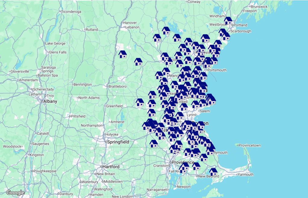 Regional map displaying locations where exterior remodeling services are available throughout Massachusetts, New Hampshire, and Maine. Homeowners across New England trust Coastal Windows & Exteriors for professional renovations.
