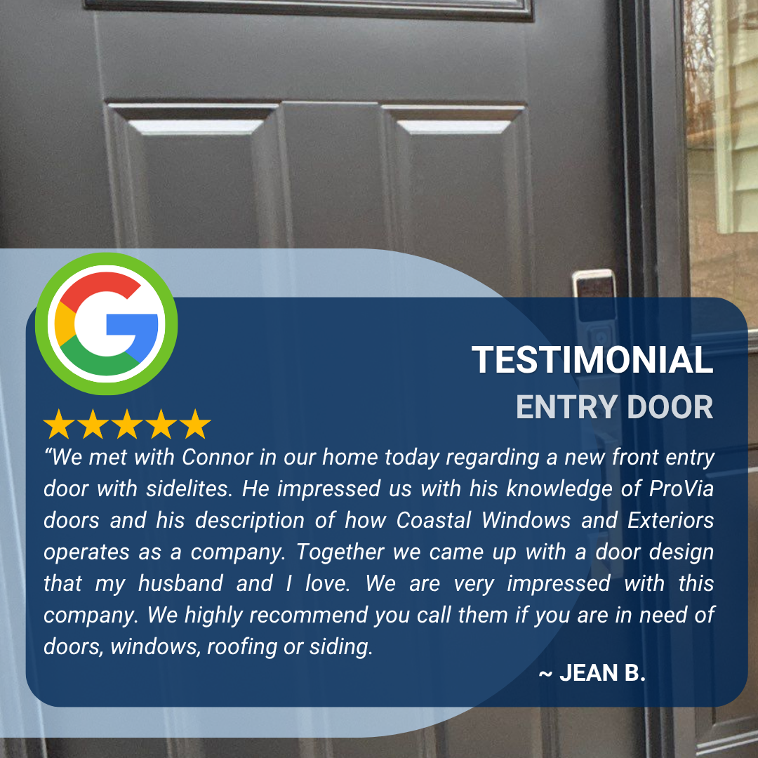 After meeting with Coastal Windows, this homeowner confidently chose a beautiful ProVia front entry door with sidelites as part of their exterior remodeling project. The testimonial highlights expert design guidance, product knowledge, and an entry door that perfectly complements the home's exterior.