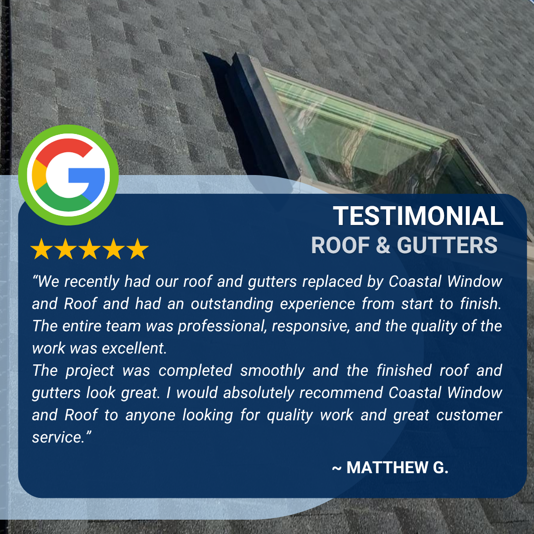This satisfied homeowner praises Coastal Windows for delivering outstanding exterior remodeling with a complete roof and gutter replacement. The finished roofing system demonstrates quality workmanship, responsive service, and long-lasting protection for the home.