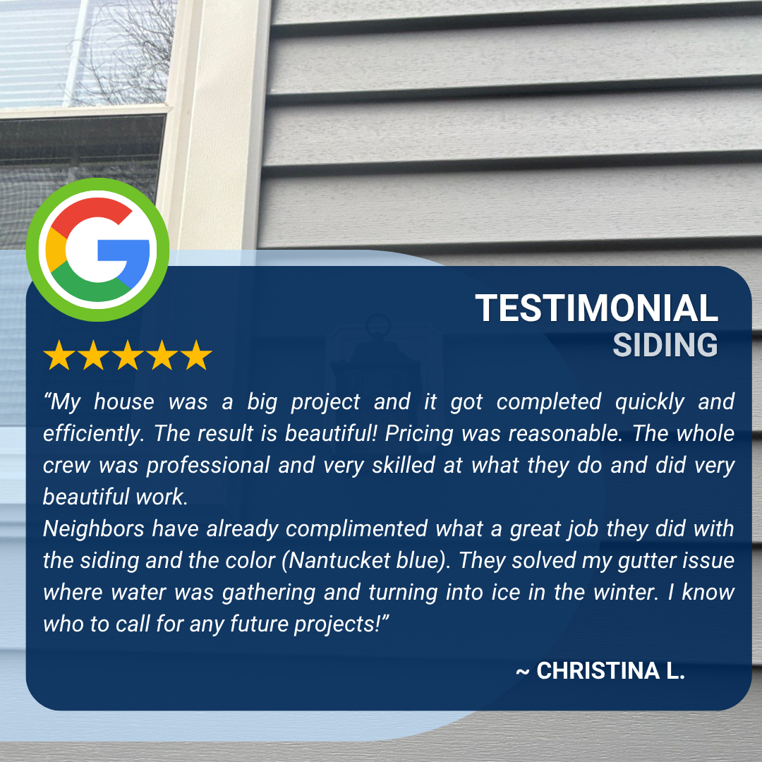 This homeowner's review showcases a successful exterior remodeling project featuring beautiful Nantucket Blue siding installed by Coastal Windows. The testimonial emphasizes quality craftsmanship, attractive curb appeal, and lasting performance that solved previous drainage issues.